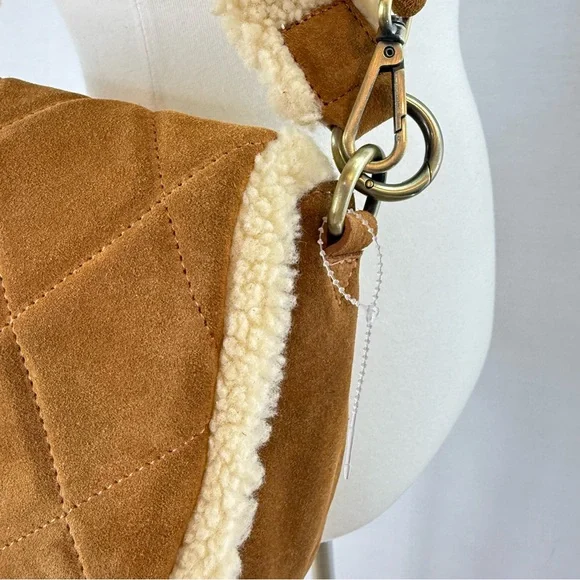 SUNDANCE Tan Suede Leather Quilted Shearling Lined Shoulder Bag NWOT - Picture 9 of 13
